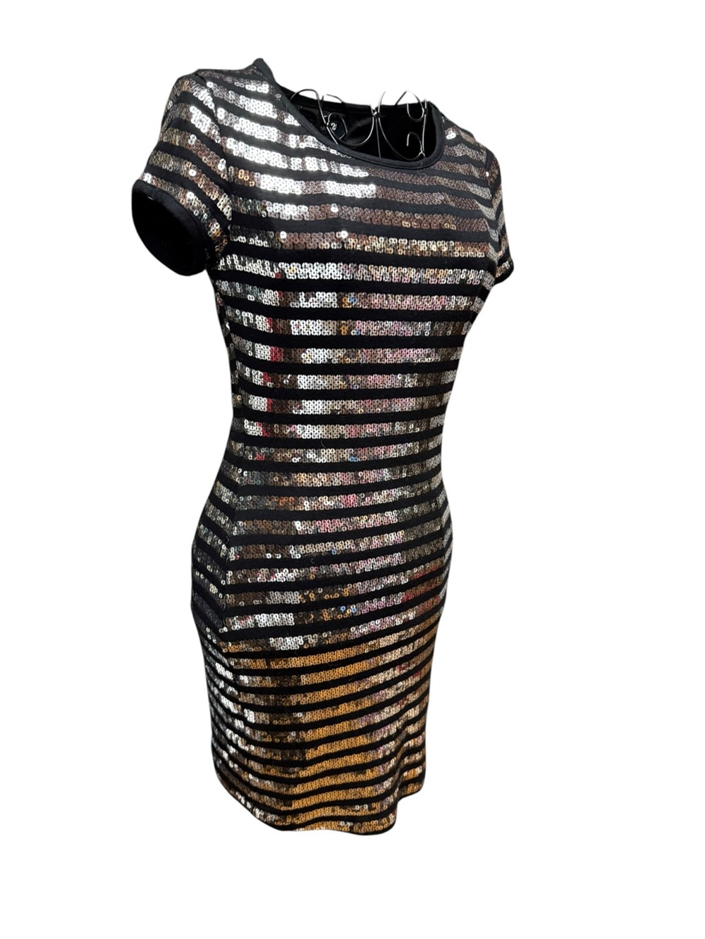 NWT Black and Silver Sequin Striped Midi Dress holiday Vegas new years
